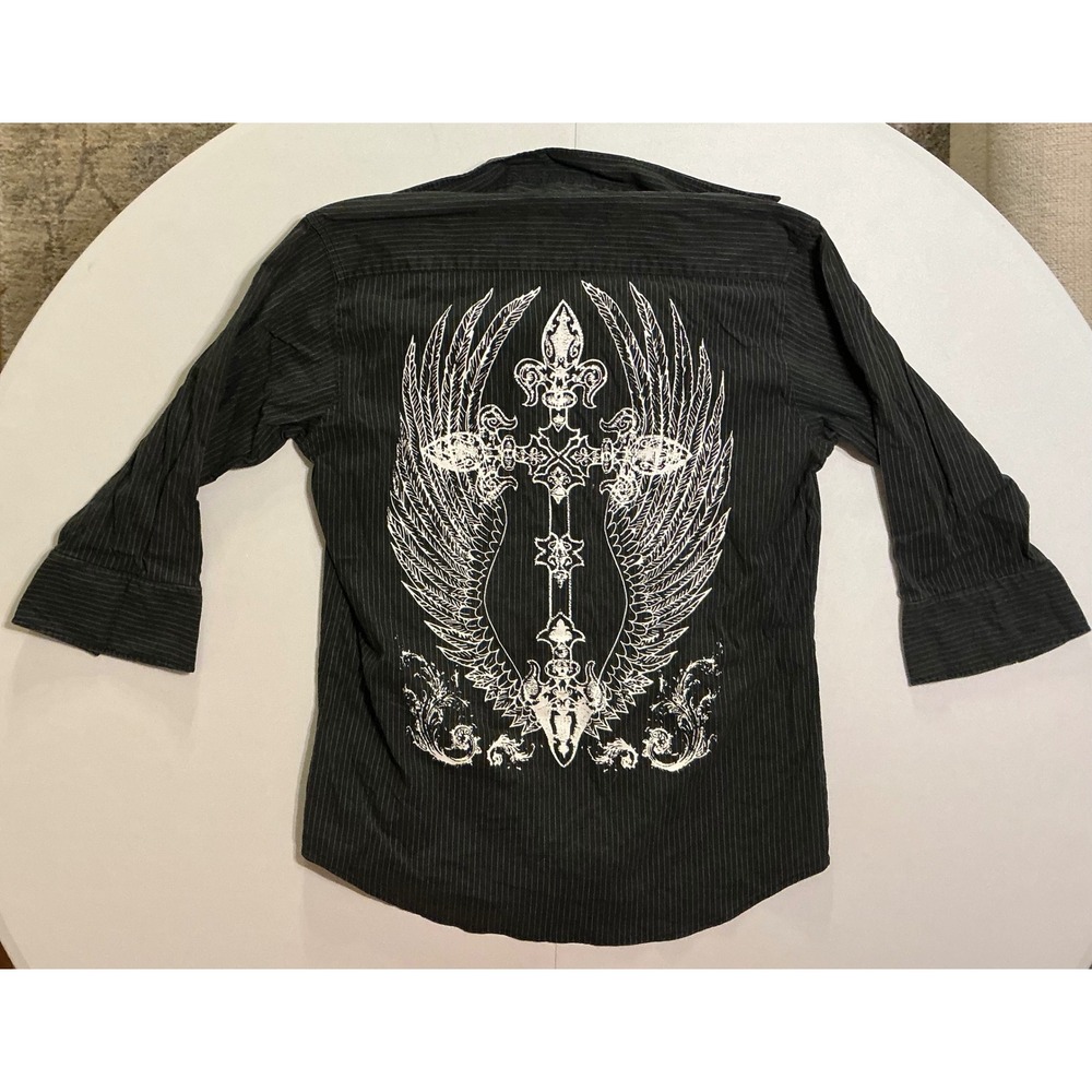 VTG Y2K MMA Grunge Black Pinstripe Winged Cross Cyber3/4 Sleeve Shirt Mens L